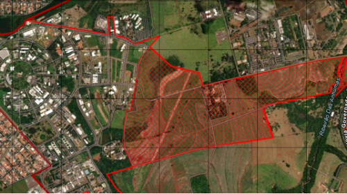 Imagem aérea do campus da Unicamp, com detalhe em vermelha da área da Fazenda Argentina